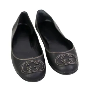 Gucci ITALY BLACK REAL LEATHER LOGO FLAT ROUND TOE BALLET SLIP ON SHOES Size 35G