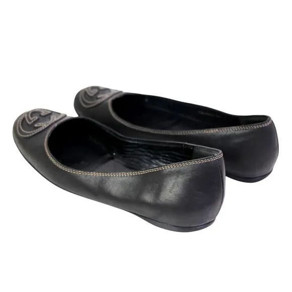 Gucci ITALY BLACK REAL LEATHER LOGO FLAT ROUND TOE BALLET SLIP ON SHOES Size 35G