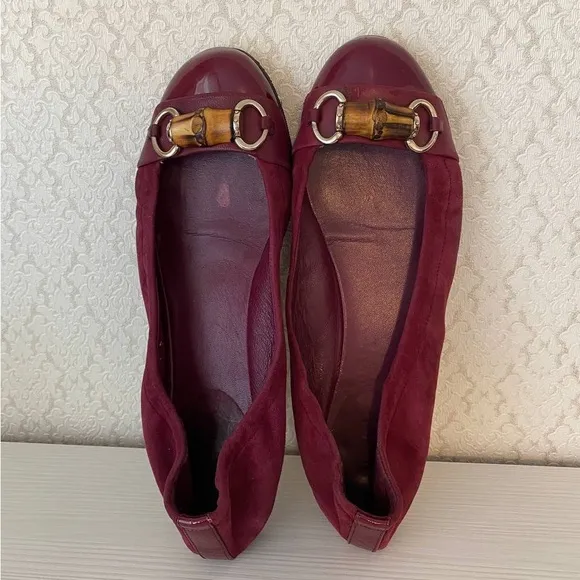 Gucci Suede Leather Bamboo Bit Horsebit Ballet Flat Shoes Size 38.5 Burgundy