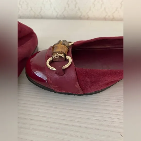 Gucci Suede Leather Bamboo Bit Horsebit Ballet Flat Shoes Size 38.5 Burgundy