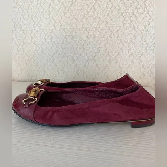 Gucci Suede Leather Bamboo Bit Horsebit Ballet Flat Shoes Size 38.5 Burgundy