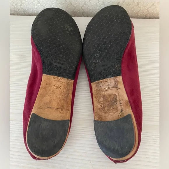 Gucci Suede Leather Bamboo Bit Horsebit Ballet Flat Shoes Size 38.5 Burgundy