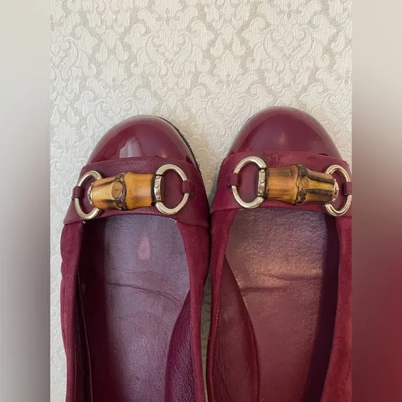 Gucci Suede Leather Bamboo Bit Horsebit Ballet Flat Shoes Size 38.5 Burgundy
