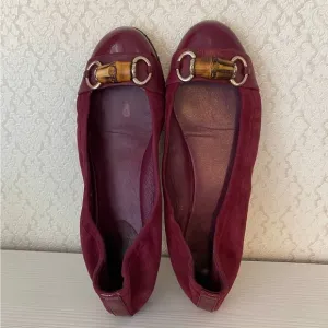 Gucci Suede Leather Bamboo Bit Horsebit Ballet Flat Shoes Size 38.5 Burgundy