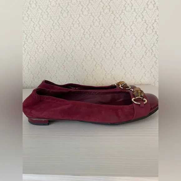 Gucci Suede Leather Bamboo Bit Horsebit Ballet Flat Shoes Size 38.5 Burgundy