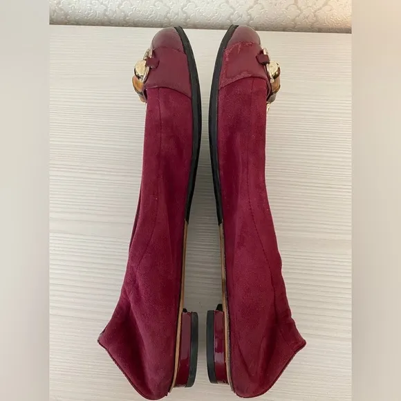 Gucci Suede Leather Bamboo Bit Horsebit Ballet Flat Shoes Size 38.5 Burgundy