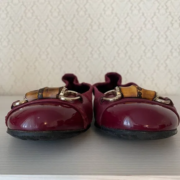 Gucci Suede Leather Bamboo Bit Horsebit Ballet Flat Shoes Size 38.5 Burgundy