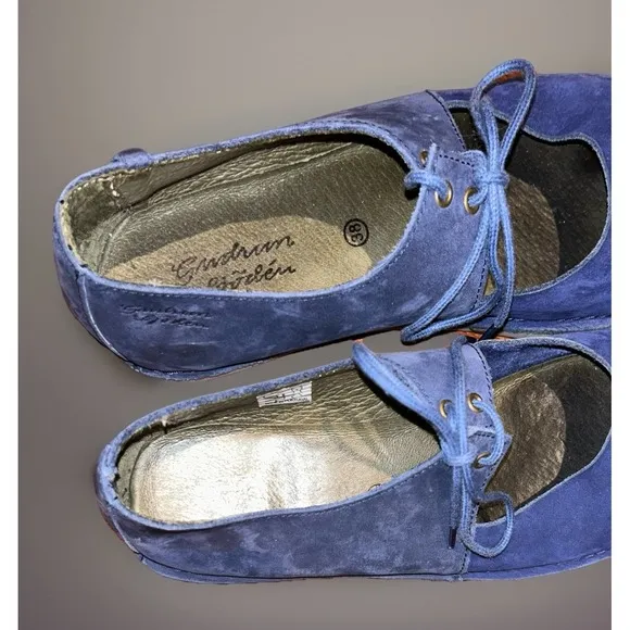 GUDRUN SJODEN Blue Suede Mary Jane Flat Shoes 38 US 7.5