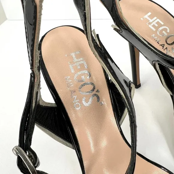 HEGOS MILANO Patent Leather Flame Heeled Sandal Shoes Womens 38 Black Nude