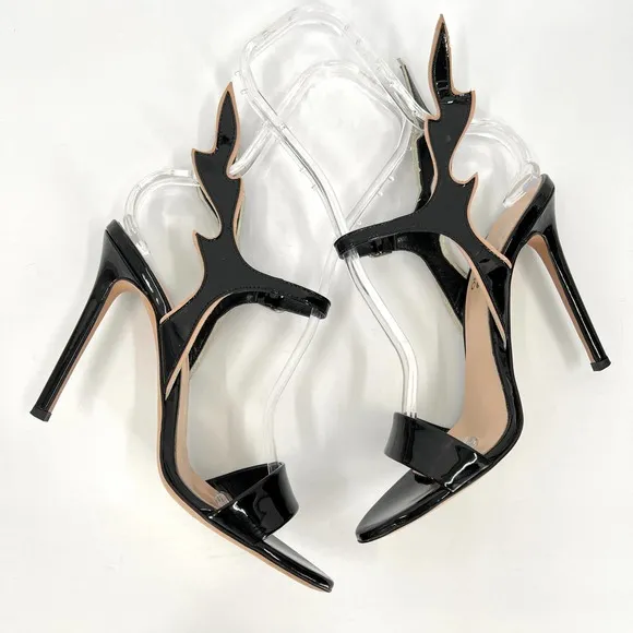 HEGOS MILANO Patent Leather Flame Heeled Sandal Shoes Womens 38 Black Nude