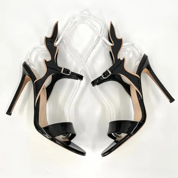 HEGOS MILANO Patent Leather Flame Heeled Sandal Shoes Womens 38 Black Nude