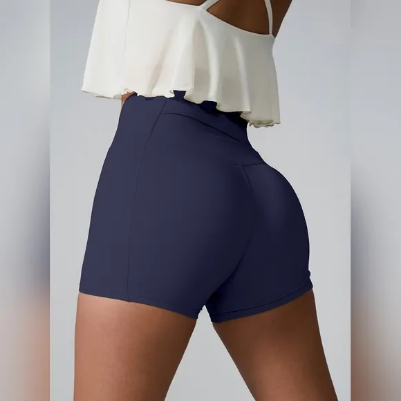 High Rise Athletic Shorts Wide Waistband Back Pocket Yoga Activewear Navy Blue