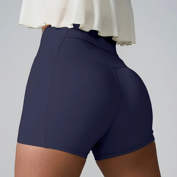 High Rise Athletic Shorts Wide Waistband Back Pocket Yoga Activewear Navy Blue