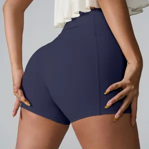 High Rise Athletic Shorts Wide Waistband Back Pocket Yoga Activewear Navy Blue