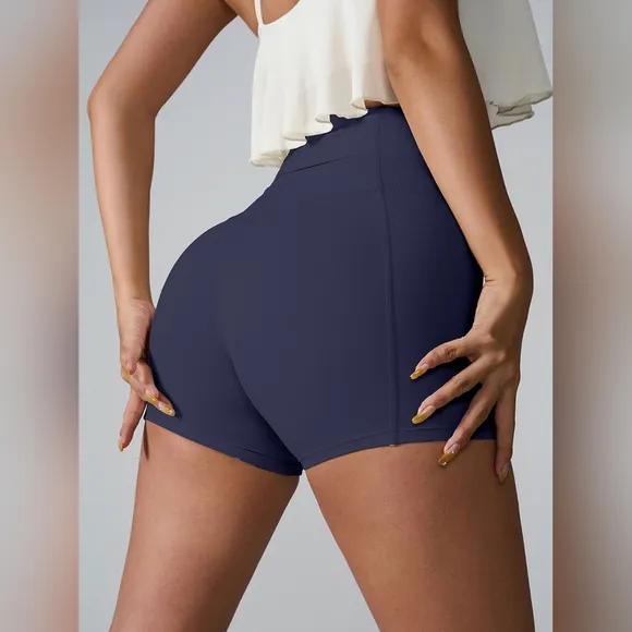 High Rise Athletic Shorts Wide Waistband Back Pocket Yoga Activewear Navy Blue