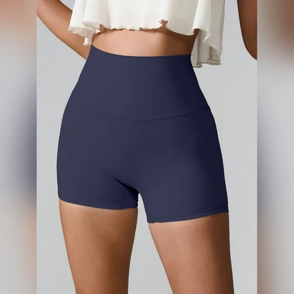 High Rise Athletic Shorts Wide Waistband Back Pocket Yoga Activewear Navy Blue
