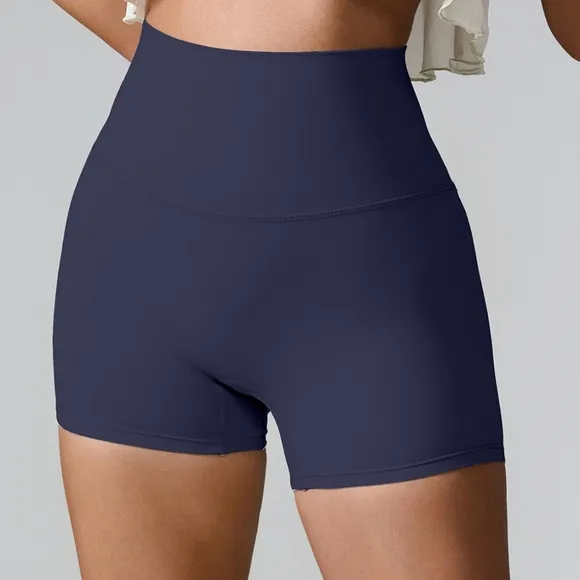 High Rise Athletic Shorts Wide Waistband Back Pocket Yoga Activewear Navy Blue