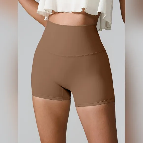 High Rise Back Pocket Athletic Shorts Wide Waistband Yoga Activewear Brown