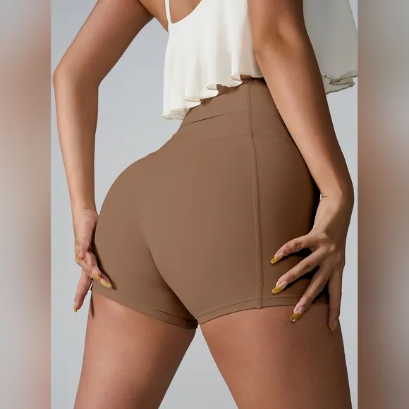 High Rise Back Pocket Athletic Shorts Wide Waistband Yoga Activewear Brown