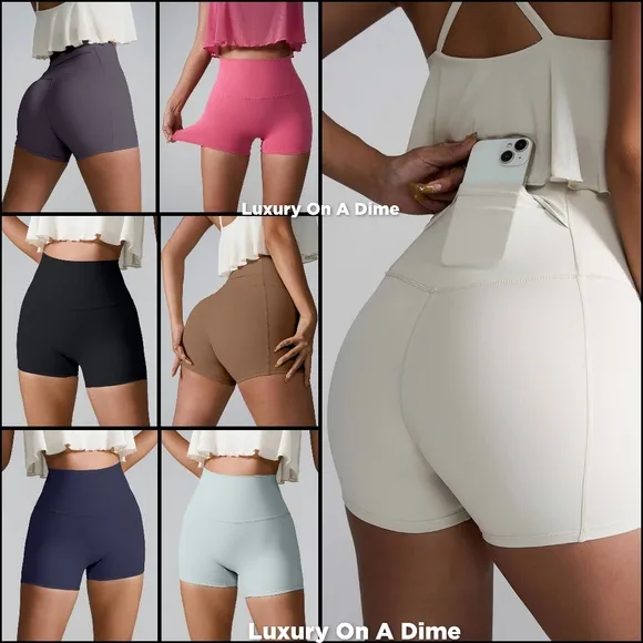 High Rise Back Pocket Athletic Shorts Wide Waistband Yoga Activewear Brown