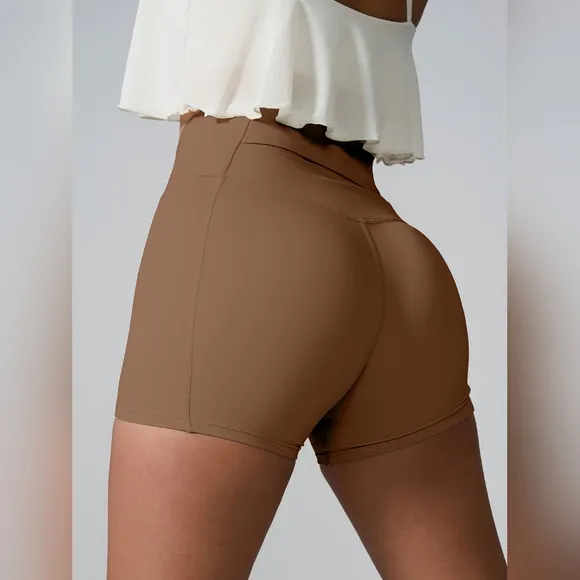 High Rise Back Pocket Athletic Shorts Wide Waistband Yoga Activewear Brown