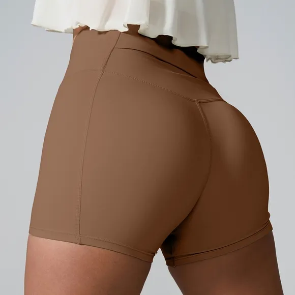 High Rise Back Pocket Athletic Shorts Wide Waistband Yoga Activewear Brown