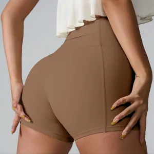 High Rise Back Pocket Athletic Shorts Wide Waistband Yoga Activewear Brown