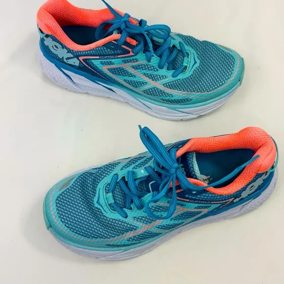 Hoka One One Clifton 3 Blue Neon Orange Athletic Running Performance Sneakers
