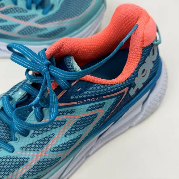 Hoka One One Clifton 3 Blue Neon Orange Athletic Running Performance Sneakers