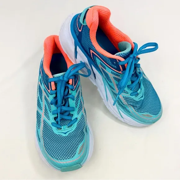Hoka One One Clifton 3 Blue Neon Orange Athletic Running Performance Sneakers