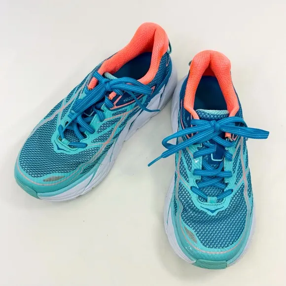 Hoka One One Clifton 3 Blue Neon Orange Athletic Running Performance Sneakers