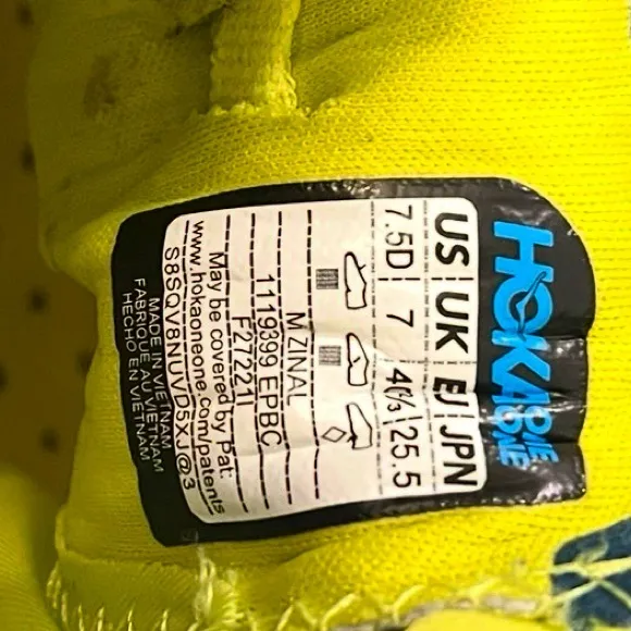 Hoka One One Zinal Vibram Lace Up Running Sneakers Mens Size 7.5