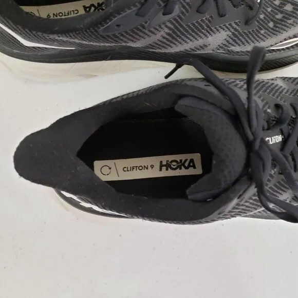 Hoke One One Mens Clifton 9 Sneakers Size 12 Black Mesh Athleisure Workout Gym