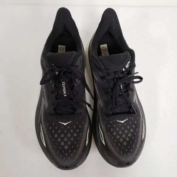 Hoke One One Mens Clifton 9 Sneakers Size 12 Black Mesh Athleisure Workout Gym