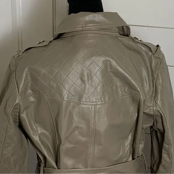 IMAN Platinum Collection Gray Leather Double Breasted Trench Coat size Medium