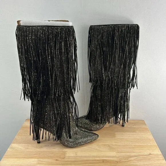 INC International Concepts Ishani Fringe Boots- Black MC- Size 6.5 M (Medium)