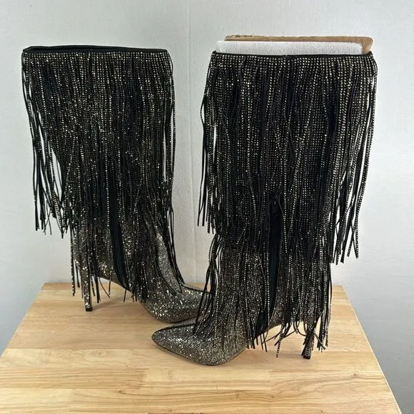 INC International Concepts Ishani Fringe Boots- Black MC- Size 6.5 M (Medium)