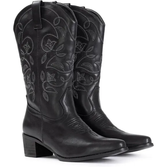 Iuv Cowgir Mid Calf Boot Women Black Faux Leather Pointy Toe Not Water Resistant