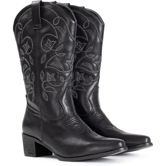 Iuv Cowgir Mid Calf Boot Women Black Faux Leather Pointy Toe Not Water Resistant