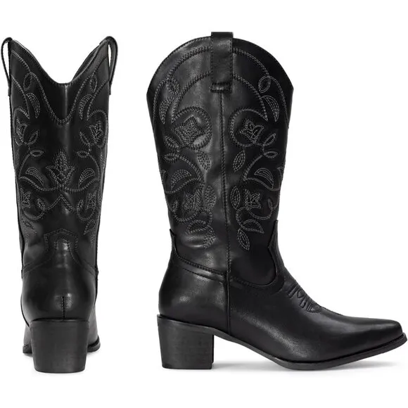 Iuv Cowgir Mid Calf Boot Women Black Faux Leather Pointy Toe Not Water Resistant