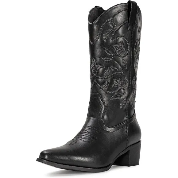 Iuv Cowgir Mid Calf Boot Women Black Faux Leather Pointy Toe Not Water Resistant