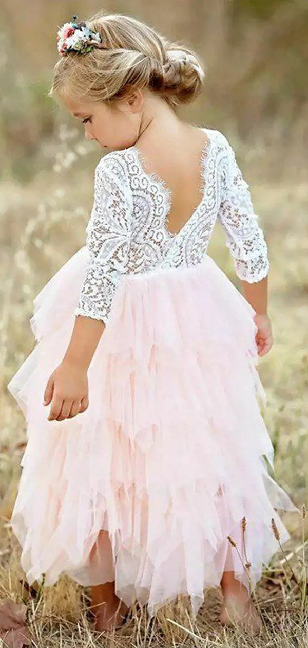 Ivory Lace Top Blush Pink Ruffle Tulle Half Sleeve Flower Girl Dresses, FGS116