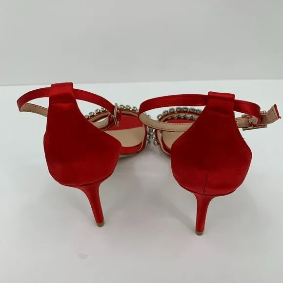 Jewel Badgley Mischka Melania red satin rhinestone crystal sandal heel new 5.5