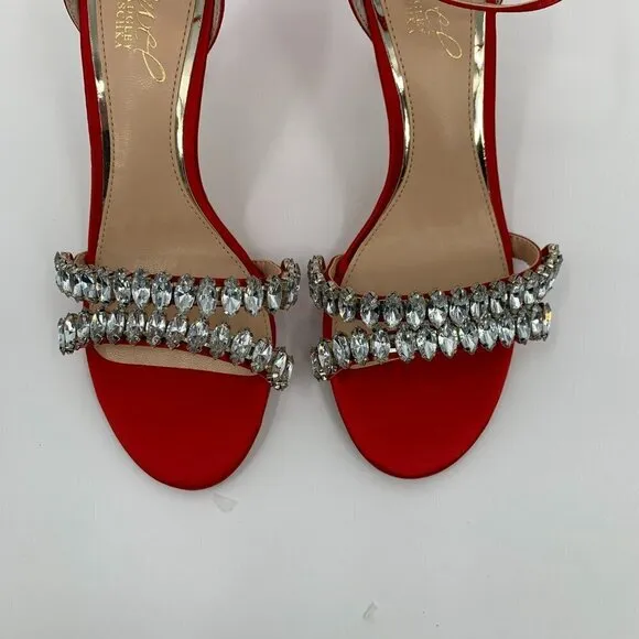 Jewel Badgley Mischka Melania red satin rhinestone crystal sandal heel new 5.5