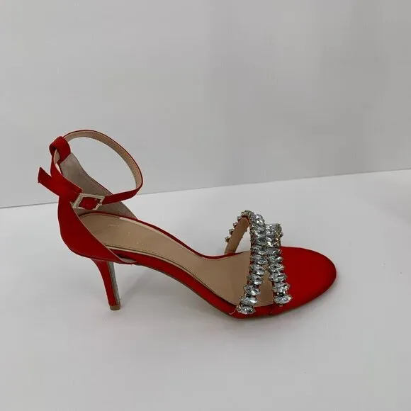Jewel Badgley Mischka Melania red satin rhinestone crystal sandal heel new 5.5