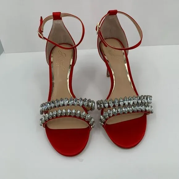 Jewel Badgley Mischka Melania red satin rhinestone crystal sandal heel new 5.5