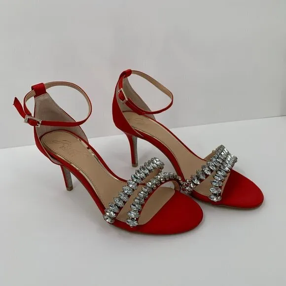 Jewel Badgley Mischka Melania red satin rhinestone crystal sandal heel new 5.5