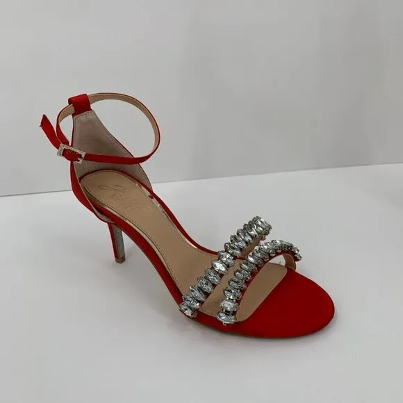 Jewel Badgley Mischka Melania red satin rhinestone crystal sandal heel new 5.5