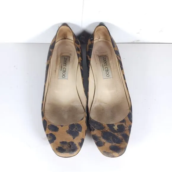 Jimmy Choo Women's US6,5-7 EU37,5 Leather Leopard Print Brown SlipOn Flat Shoes