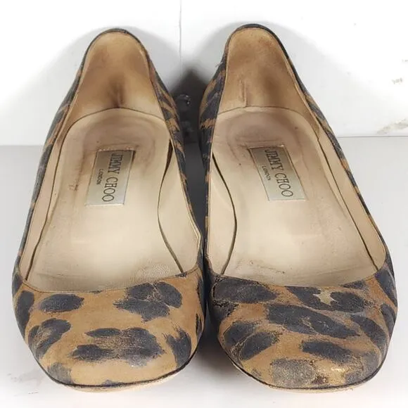 Jimmy Choo Women's US6,5-7 EU37,5 Leather Leopard Print Brown SlipOn Flat Shoes